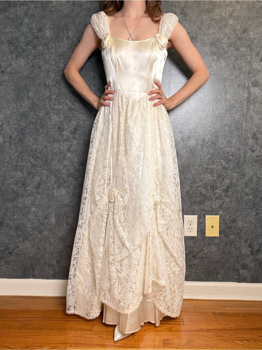 Vintage Gunne Sax Wedding Gown — Off-Shoulder Lace with Satin Rosettes - Picture 2 of 5